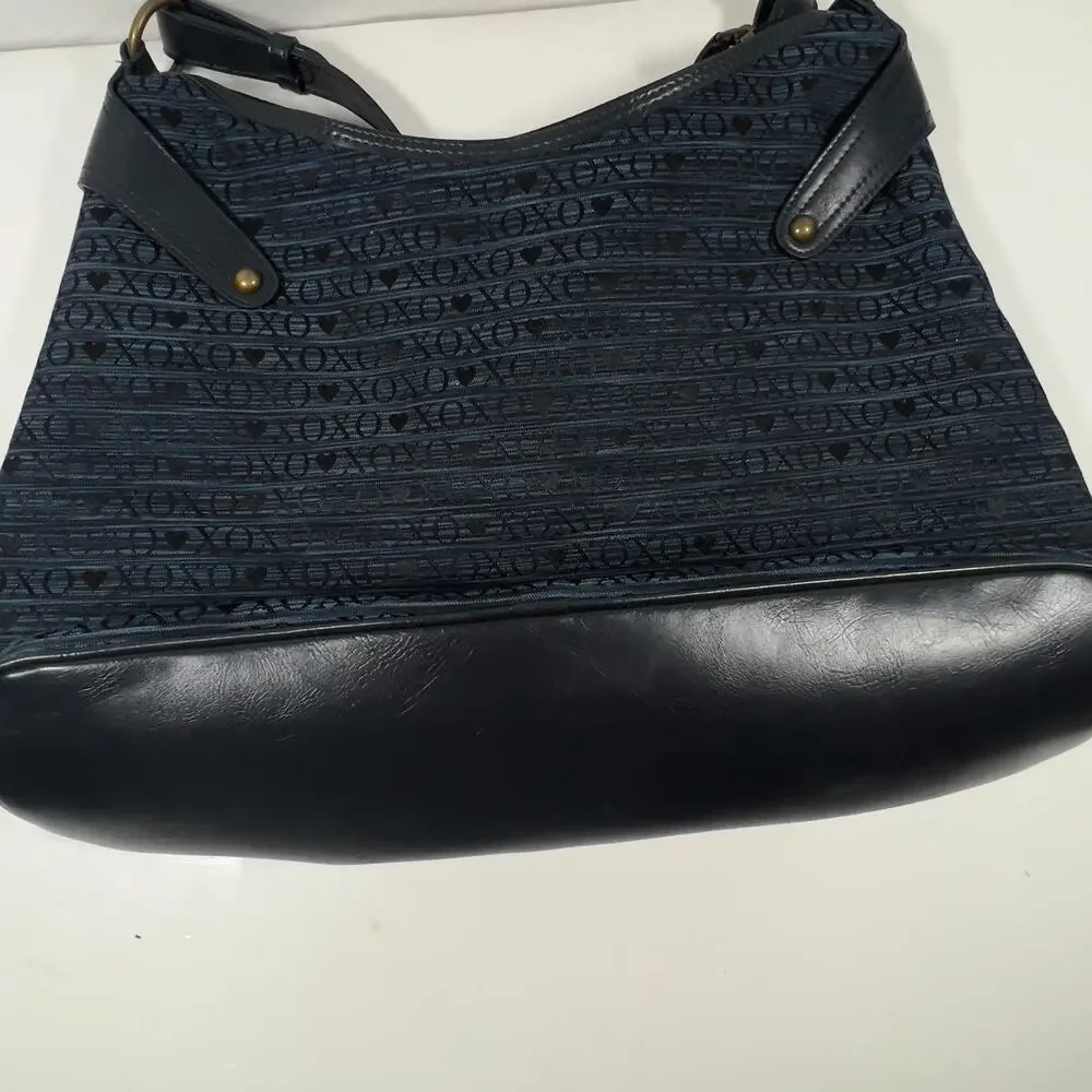 Large Vintage XOXO Hobo Blue Black Letters Brass Studded Y2K Zippered Tote Bag